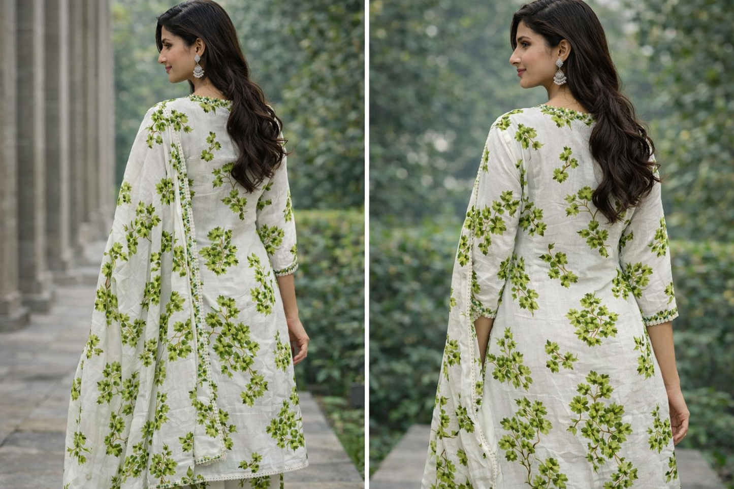 Women's Floral Printed Kurta Set with Dupatta, White and Green, Cotton, Salwar Suit