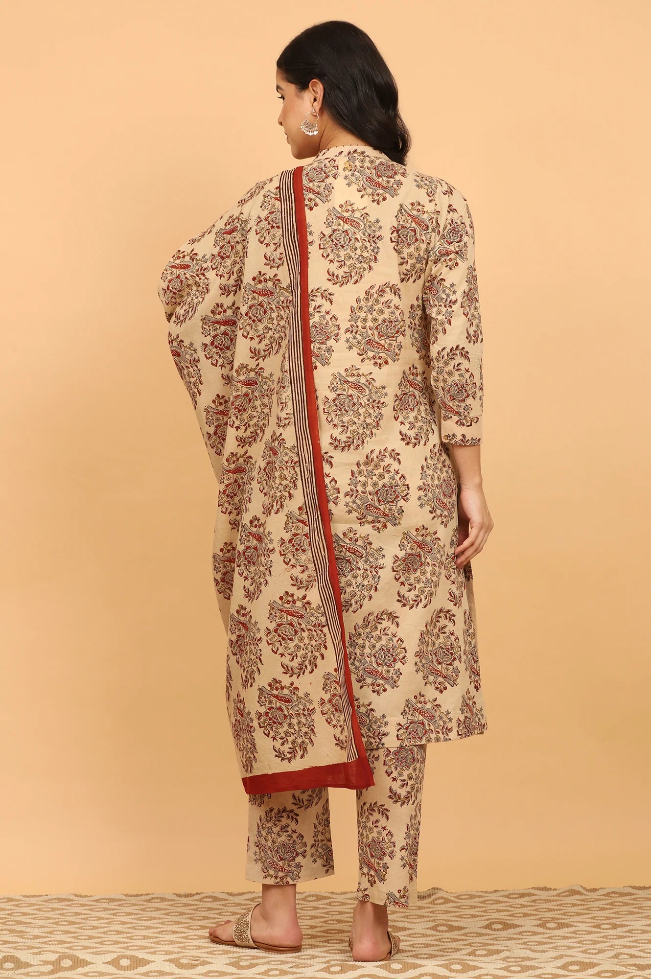 W Beige Kalamkari Printed Cotton Kurta Set with Pants and Dupatta for Women