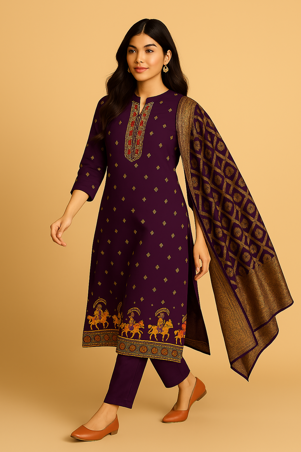 Traditional Purple Kurta Set with Embroidered Dupatta, Ethnic Wear with Gold Print Border, 3-Piece Suit