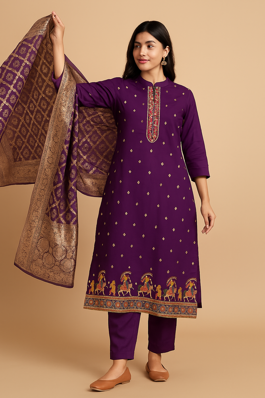 Traditional Purple Kurta Set with Embroidered Dupatta, Ethnic Wear with Gold Print Border, 3-Piece Suit